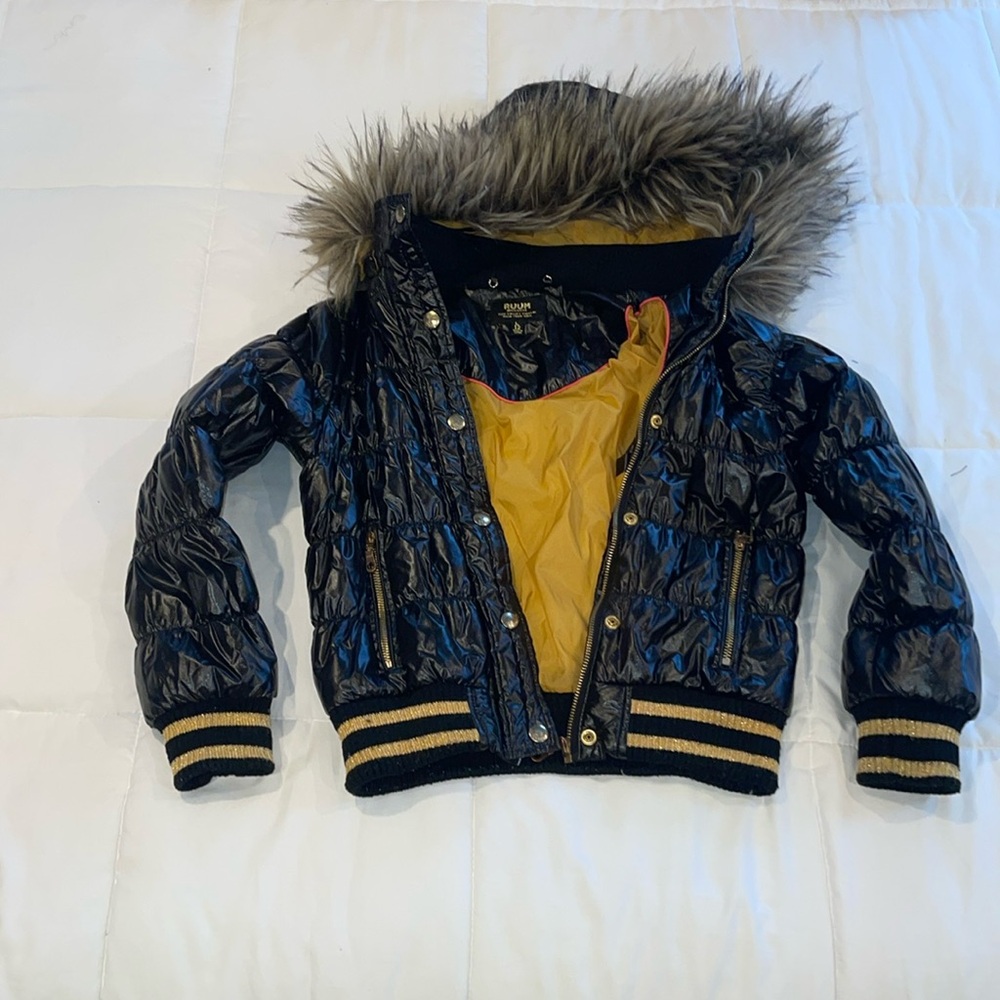 RUUM black kids jacket black/gold accent size L12 removable faux fur
